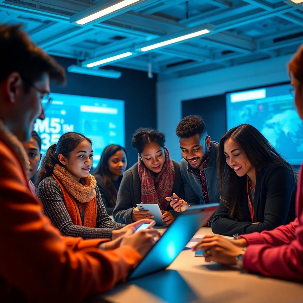 Create a photorealistic image showing a diverse group of people participating in an engaging AI training session using interactive technology, highlighting learning and skill development. The lighting should be bright and inviting, fostering a sense of community.