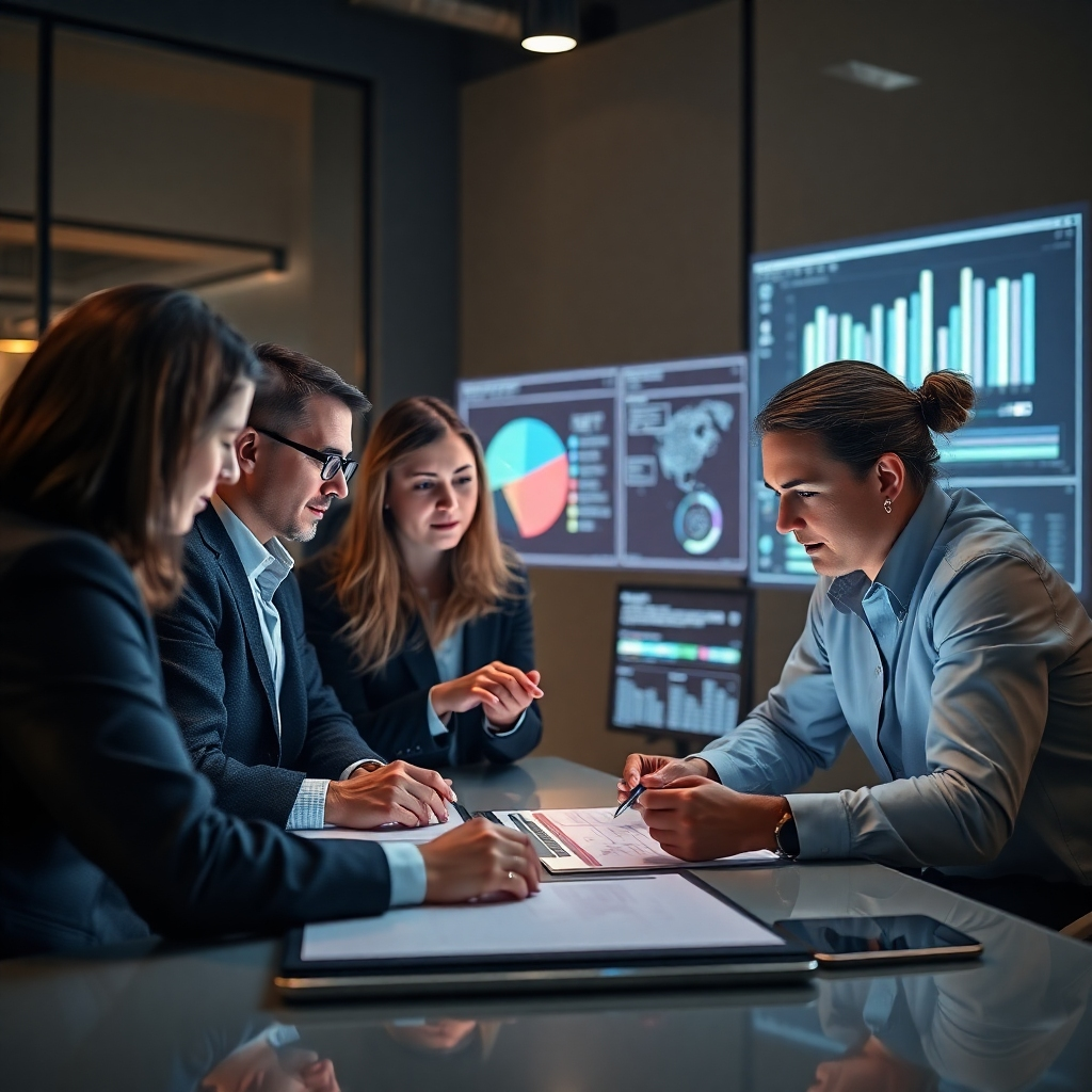 Create a photorealistic image showing a team of experts collaborating on a project, using advanced technology and data visualization tools, emphasizing the collaborative nature of the consulting process. Use a warm lighting to portray professionalism and trust.