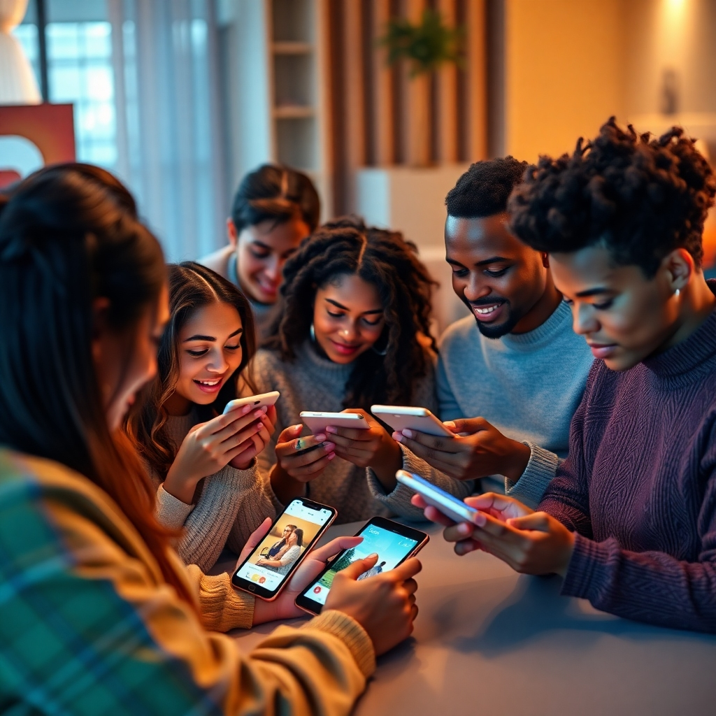 Create a photorealistic image depicting a diverse group of people engaging with different types of AI-generated content on various devices, such as smartphones, tablets, and laptops. The lighting and color scheme should be warm and inviting. The composition should highlight the inclusive and global reach of AI-generated content.