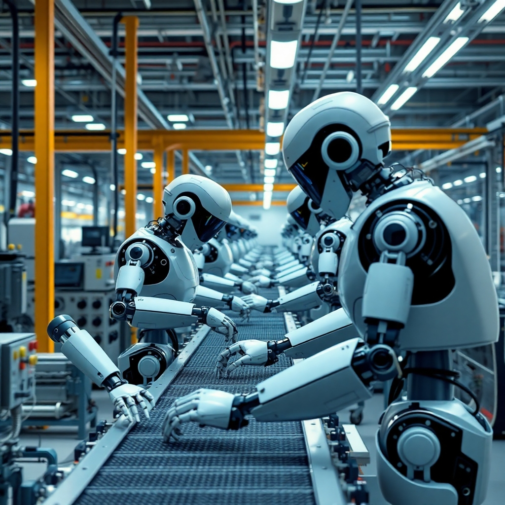 Create a photorealistic image depicting a futuristic factory where robots and humans collaborate seamlessly on an assembly line. Emphasize the collaboration between humans and robots, ensuring a positive and productive work environment is portrayed.