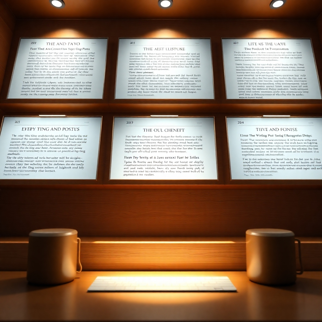 Create a photorealistic image showcasing a series of high-quality blog posts on various topics, all generated using Generative AI.  The image should be visually appealing and convey a sense of professionalism and expertise. The lighting should be soft and natural, with a focus on clarity and readability of the text. The color palette should be warm and inviting.