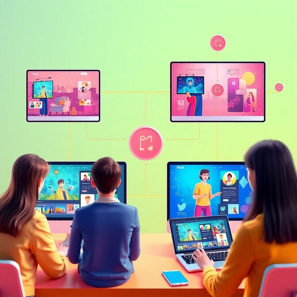 Create a photorealistic image illustrating various personalized AI-generated content scenarios across different platforms. The colors should be vibrant and engaging. The image should reflect the high quality of the content.