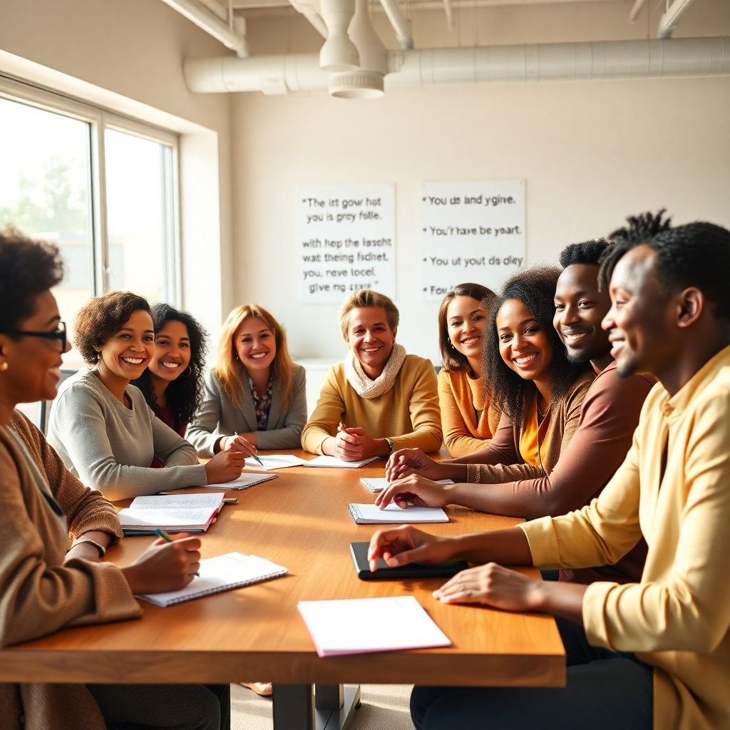 Create a photorealistic, ultra-high-quality 8K image of a diverse group of people, all ages and ethnicities, sitting around a table, smiling and engaging in a meaningful conversation. The setting is a bright, modern office space with large windows and natural light streaming in.  The color palette is warm and inviting, with earth tones and pops of bright colors. The camera angle is slightly elevated, providing a dynamic perspective.  The lighting is soft and natural, creating a sense of calm and tranquility. There should be a visible sense of connection and support among the individuals, creating a feeling of hope and positive change. The overall style should feel modern, elegant, and inspiring, similar to the work of Annie Leibovitz. Textures should be rich and realistic, showcasing the detail in their clothing and the natural wood of the table.  The environment feels open, airy, and welcoming, creating a positive and uplifting atmosphere. Include relevant props such as notebooks, pens, and inspirational quotes displayed subtly in the background.