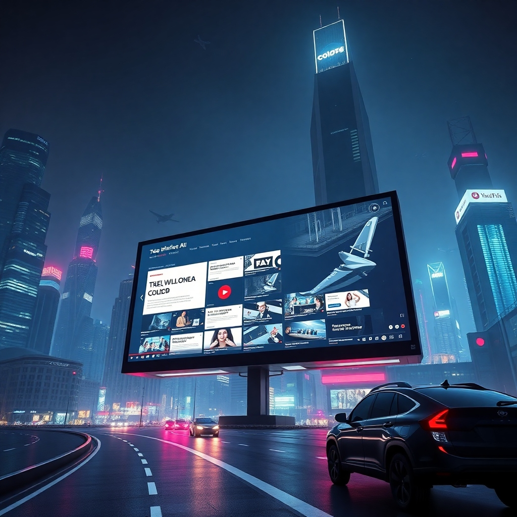 Create a photorealistic, ultra-high-quality 8K resolution image. The image should depict a futuristic cityscape at night, with towering skyscrapers and flying vehicles. In the foreground, a large screen displays a dynamic montage of blog posts and YouTube video thumbnails, all generated using Generative AI. The color palette should be predominantly dark blues and purples, with vibrant accents from the screen display. The camera angle should be a low-angle shot, emphasizing the scale of the city and the technology. The overall style should be hyperrealistic, similar to the work of Syd Mead, with a focus on sharp details and intricate textures. The lighting should be a mix of ambient city lights and focused spotlights highlighting the screen display. The environment should be clean and futuristic, with sleek, metallic textures dominating the scene. Include relevant props such as futuristic vehicles, holographic displays, and advanced technological elements to enhance the futuristic theme. The image should convey a sense of innovation, dynamism, and the potential of Generative AI in the future of content creation.