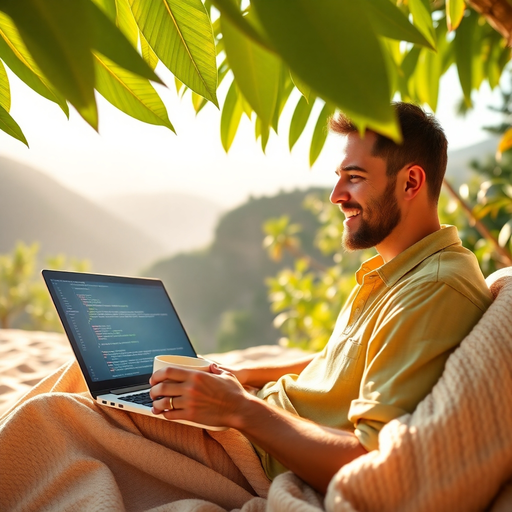 Create a photorealistic, ultra-high-quality 8K resolution image depicting a person working remotely on a laptop in a stunning natural setting.  The person should appear relaxed, happy, and productive. They are surrounded by lush greenery and sunlight; possibly a mountain vista or a tropical beach. The laptop screen shows clean, minimalist code, subtly suggesting their profession. The color palette should be vibrant but natural, emphasizing warm tones. The lighting should be soft, diffused sunlight. The camera angle should be slightly elevated, capturing the entire scene. The texture details should be hyperrealistic, showing the fine details of the leaves, sand, and skin.  The environment should feel peaceful and inspiring. Relevant props could include a coffee mug, a comfortable blanket, or a notebook. The overall style should evoke a sense of freedom, flexibility, and success. The image should be hyperrealistic, aiming for a level of detail surpassing typical photography.  Style references:  National Geographic photography, modern minimalist design. Technical Specs: 8K resolution, hyperrealistic rendering.