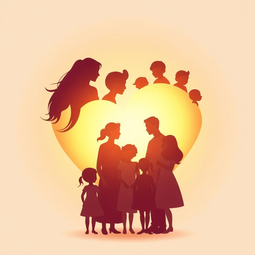 Create a stylized image, 4K resolution, depicting a warm, glowing heart comprised of diverse family silhouettes. The silhouettes should be softly outlined against a gentle, pastel-colored background. The style should incorporate elements of vintage illustration, reminiscent of children's storybook art. The lighting should focus on the warmth and glow emanating from the heart, creating a feel of hope, love, and support. The texture should be smooth, with minimal detail on the silhouettes to maintain a sense of universal representation. The overall composition should symbolize the interconnectedness of family and the unconditional love at the heart of parenthood.