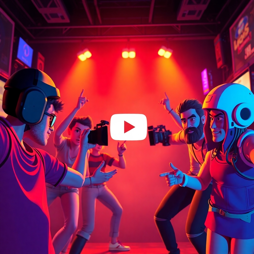 Create a stylized image depicting a dynamic YouTube video scene based on a Generative AI-generated script, with vibrant graphics and engaging characters.  The style should be cinematic and engaging, reflective of high-quality video production. The lighting should be dramatic and visually interesting, drawing the eye to the center of the action. The color palette should be rich and varied, enhancing the visual appeal of the scene.