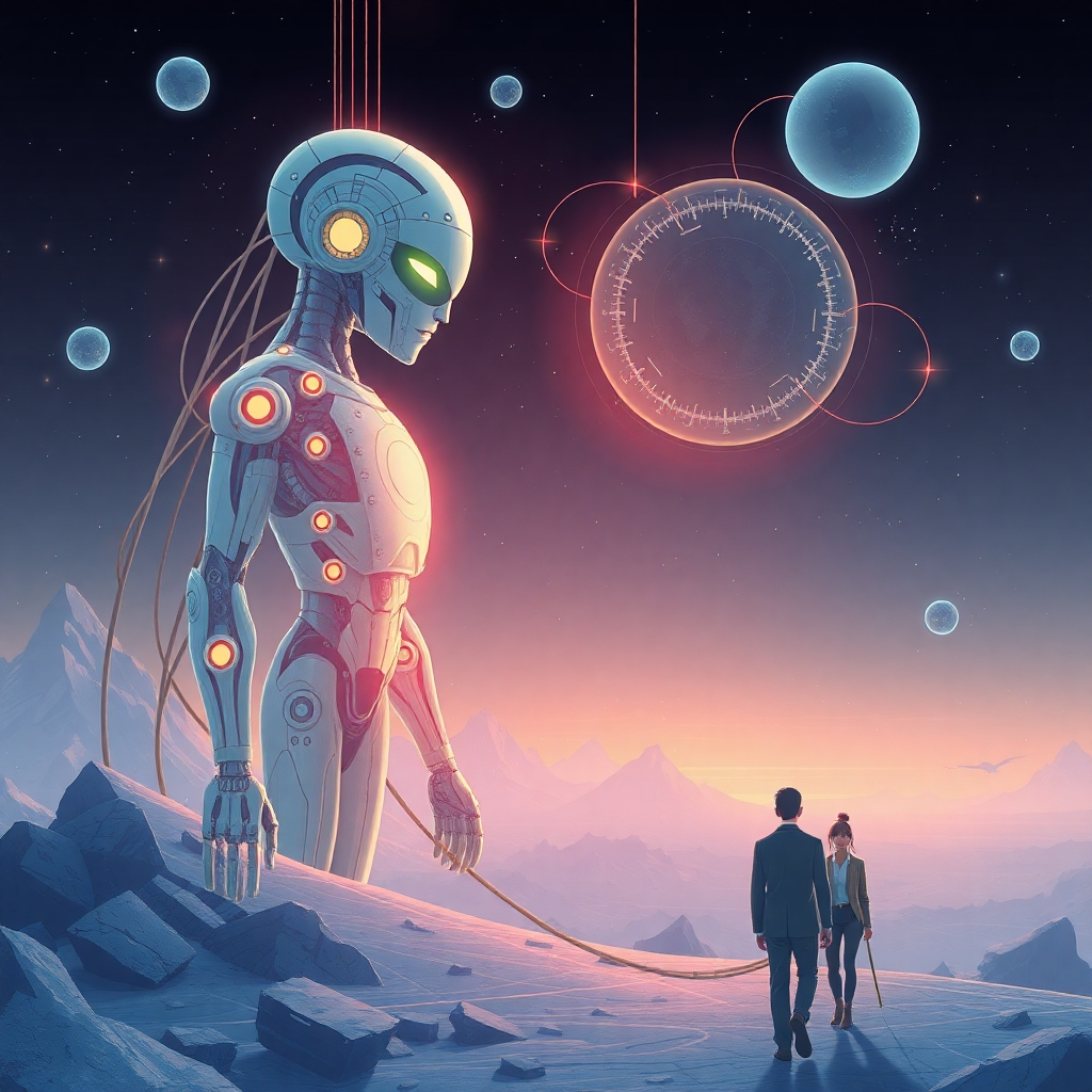 Create a stylized image depicting a futuristic world where humans and advanced AI entities coexist harmoniously, potentially involving symbiotic technologies or collaborative endeavors between the two.