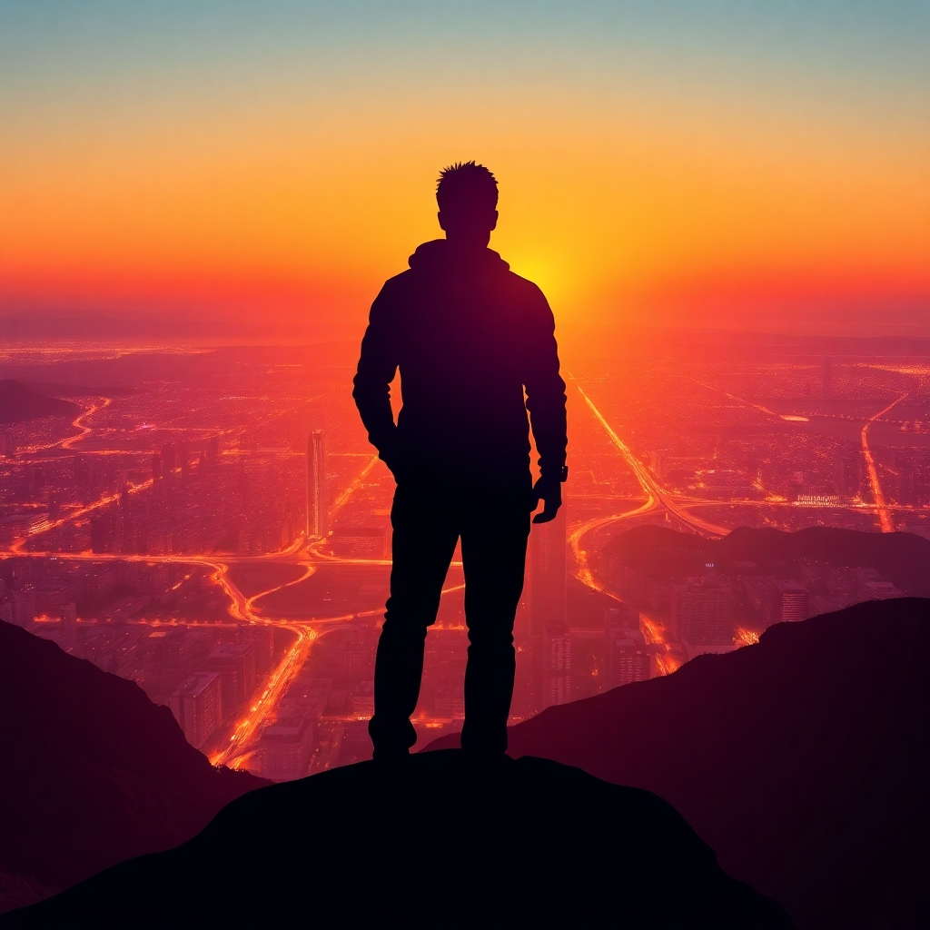Create a stylized image representing the essence of the Software Lifestyle. It should portray a blend of technology and freedom.  Imagine a stylized, slightly abstract image of a person (silhouette) standing on a mountaintop overlooking a sprawling cityscape at sunset. The silhouette should be partially transparent, allowing the city lights to shine through, symbolizing the blend of professional success and personal freedom. Use a warm color palette with shades of orange, purple, and gold. The overall style should be modern and inspiring. The technical specifications should be 4K, emphasizing sharp details and vibrant colors. Style References: Modern minimalist art, abstract landscape photography. Texture details should be subtle but present, creating a sense of depth.