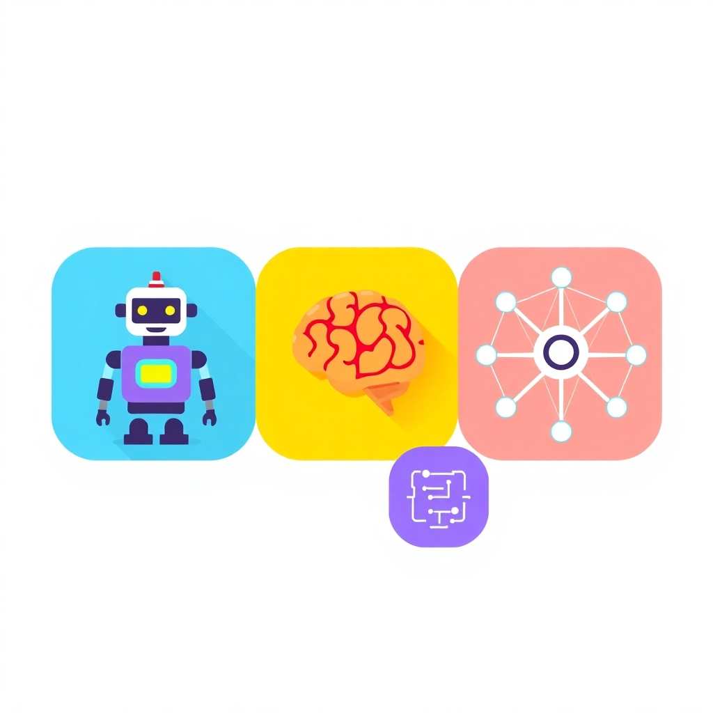 Create a stylized image showing different AI functionalities as icons, such as a robot for automation, a brain for cognitive functions, and a network for connectivity. The icons should be colorful and easily understandable, set against a clean, minimalist background. The style should be flat design, with vibrant colors and clear lines.