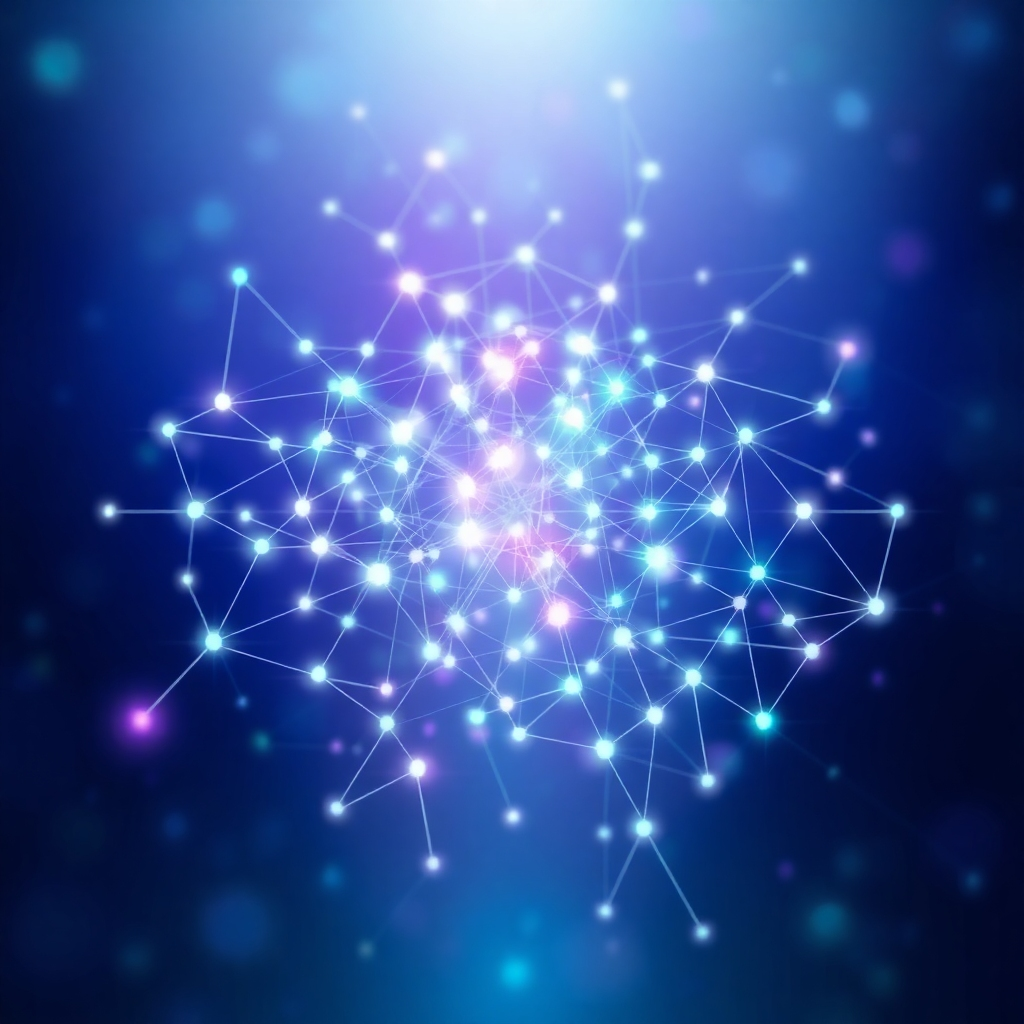 Create a stylized image that visually represents the essence of Artificial Intelligence and the company's mission. Depict a network of interconnected nodes, each radiating light, forming a complex web-like structure. The color palette should be a blend of deep blues, greens, and purples, signifying trust, innovation, and technology, respectively. The composition should be centered, with the network expanding outward, symbolizing growth and connection. Use soft lighting to create a futuristic, ethereal feel. The overall style should be inspired by the works of contemporary digital artists exploring network systems and connectivity. The image should be in 4K resolution, with emphasis on smooth gradients and subtle light effects.