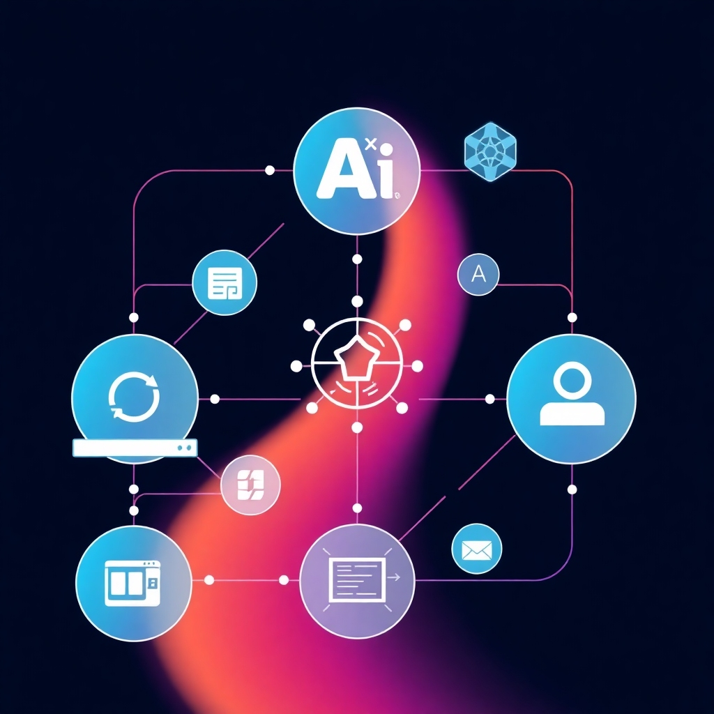Create a stylized visualization of automated workflows with AI-powered tools seamlessly integrated. The style should be sleek and modern, highlighting the smooth operation of the automated processes. The color palette should feature a futuristic color scheme.