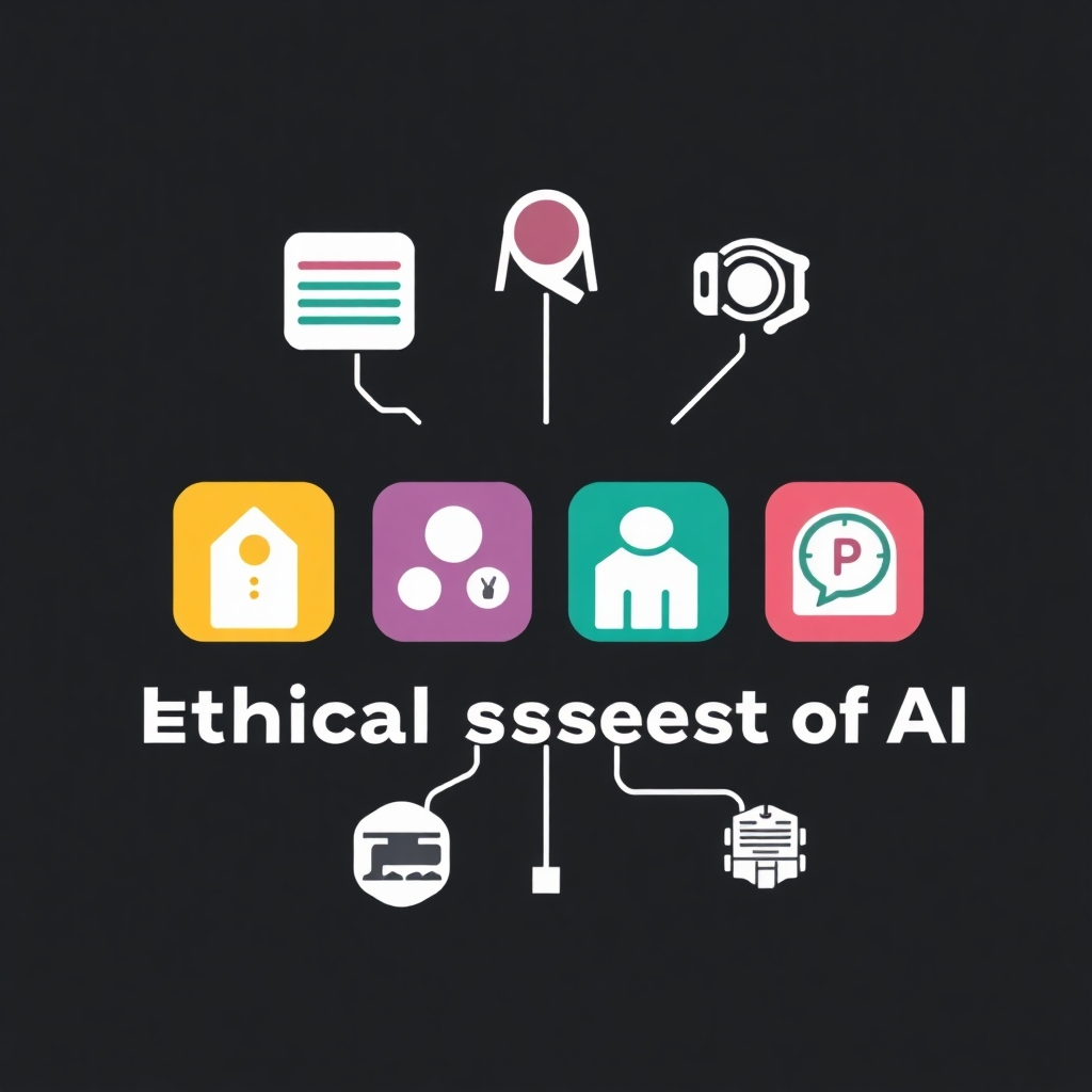 Design a stylized image using icons to represent ethical aspects of AI, like data privacy, fairness, and transparency. The style should be bold and memorable, utilizing a color scheme that conveys the seriousness of the topic.