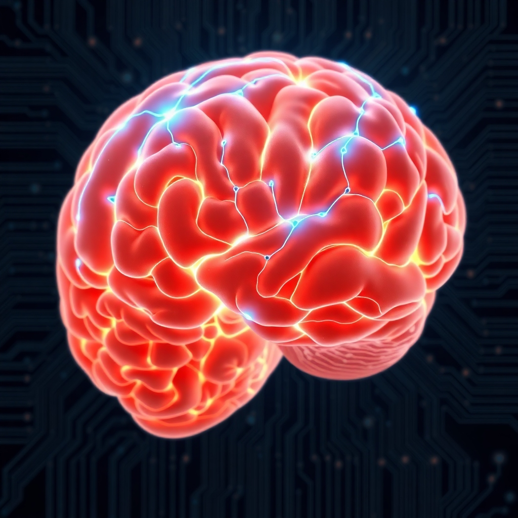 Generate a photorealistic image depicting a human brain with neural pathways highlighted in bright blue, overlaid with a futuristic circuit board pattern, showcasing the fusion of biology and technology in AI. Use a close-up perspective and emphasize texture. The color palette should be a blend of warm skin tones and cool technological hues.
