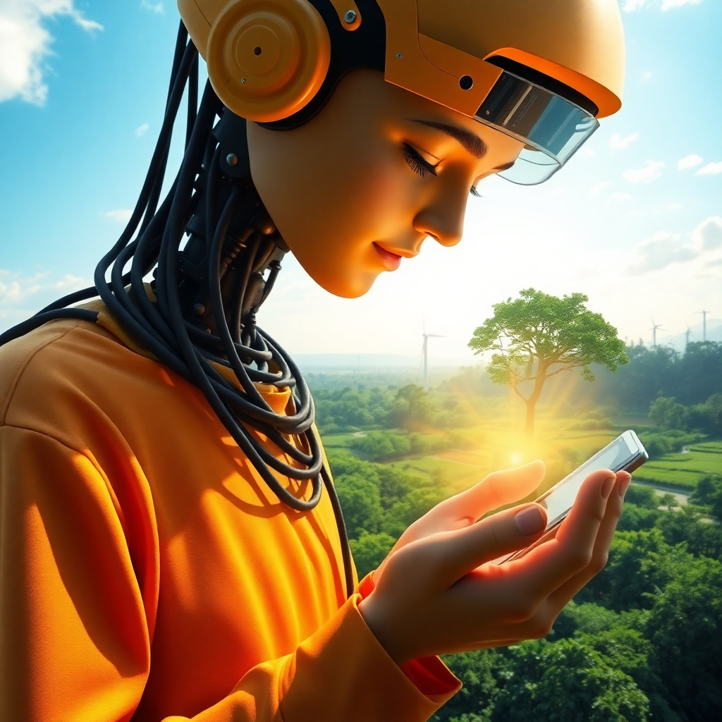 Generate a photorealistic image illustrating AI’s contribution to environmental sustainability, such as using AI to optimize renewable energy sources, monitor deforestation, or predict climate patterns. The image should convey a hopeful and optimistic vision for a sustainable future.