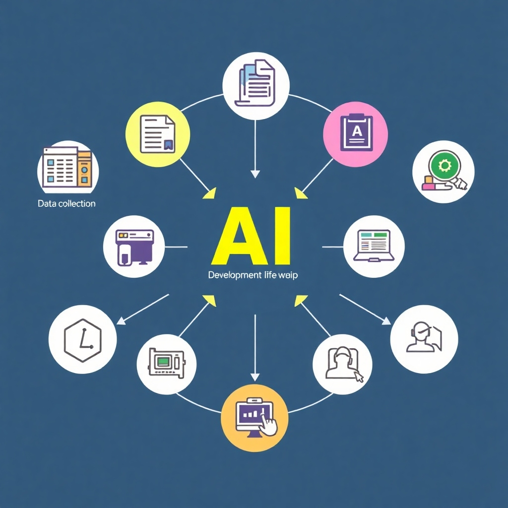 Generate a stylized image depicting various stages of the AI development lifecycle, from data collection and algorithm design to testing and deployment, represented by a series of interconnected icons that visually tell the story. The colors should be clean, bright and convey efficiency.
