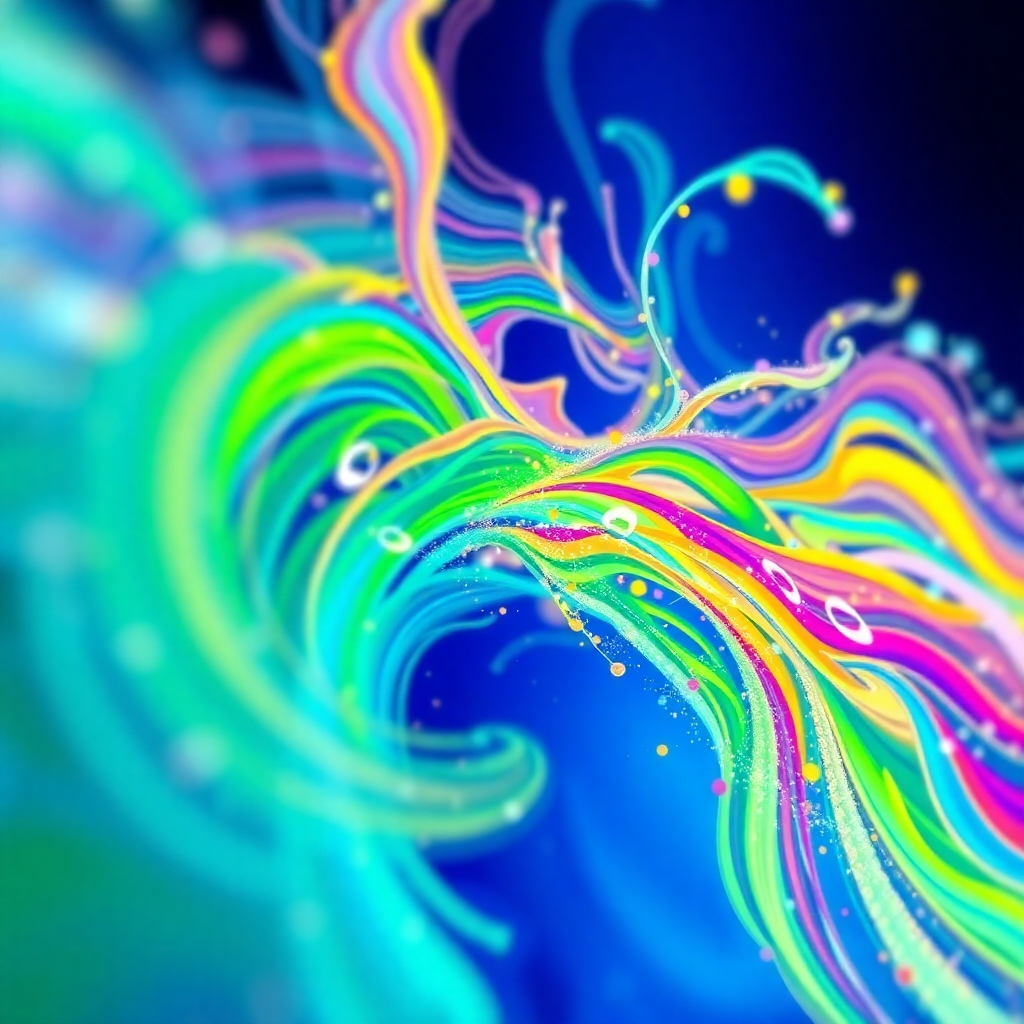 Generate a stylized image representing the essence of Generative AI. The image should depict a vibrant, abstract representation of data flowing and transforming into various forms of media – text, images, and video. The composition should be dynamic and energetic, with swirling colors and textures that represent the creative process. The color palette should be bright and colorful, perhaps using a gradient that transitions from deep blues to vibrant greens and yellows. The camera angle should be a close-up, focusing on the intricate details of the data transformation. The image should have a stylized, almost painterly feel, referencing the works of contemporary digital artists who specialize in abstract representations of technology. The technical specifications should be 4K resolution, emphasizing high quality and detail.