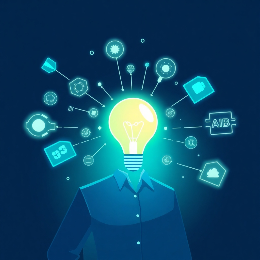 Illustrate a futuristic concept using a stylized depiction of a lightbulb moment with AI-generated ideas flowing around a creative professional. The color palette should be primarily blues and greens, with glowing highlights. The composition should be dynamic and imaginative. The technical specifications should be high quality, suitable for online use.