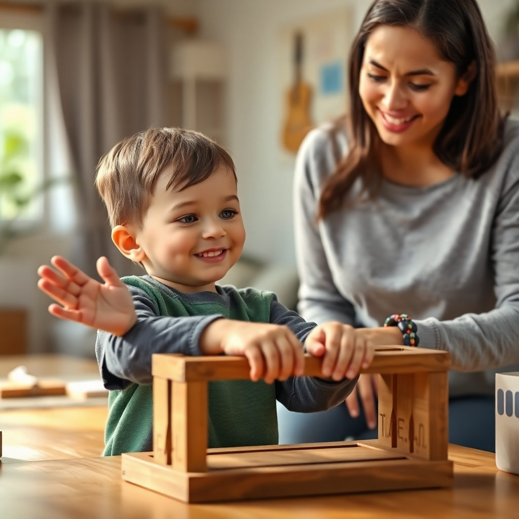 Photorealistic image: A child completing a task with pride, parent observing supportively. 4K resolution, natural light, conveys empowerment and capability.