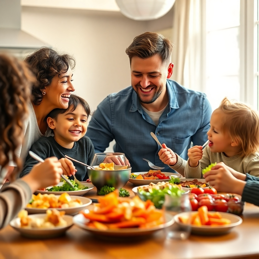 Photorealistic image: A family enjoying a healthy meal together. High-quality, bright lighting, natural setting, 4K resolution, emphasizing warmth and connection.
