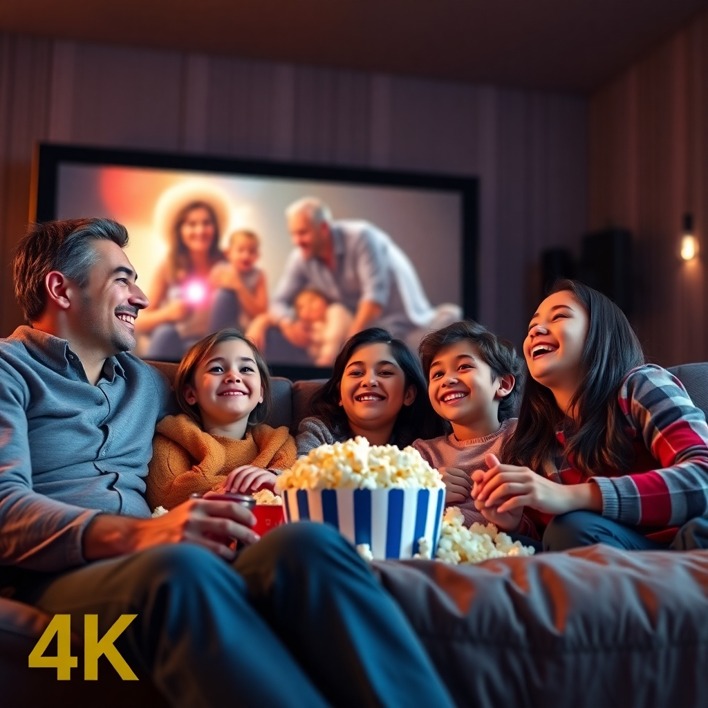 Photorealistic image: A family enjoying a movie night on a large home theater system, cozy atmosphere, popcorn, smiles, soft lighting. 4K resolution, emphasis on comfort and family togetherness.