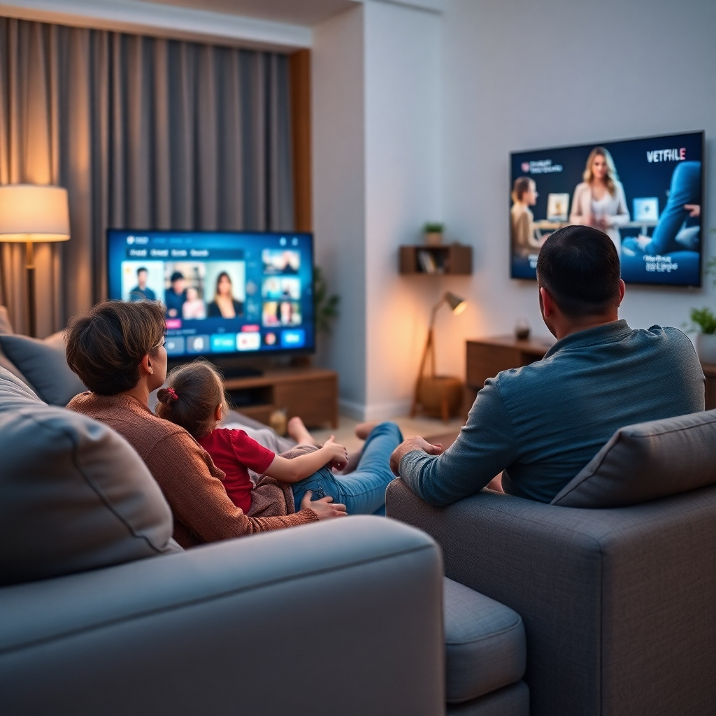 Photorealistic image: A family relaxing on a couch using a streaming service on a large TV.  Comfortable and relaxed ambiance. 4K resolution, calm and inviting color palette.