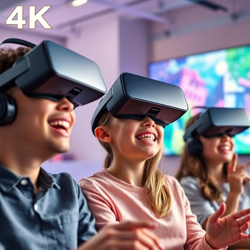 Photorealistic image: A family using virtual reality headsets together, smiling and laughing.  Bright, exciting, colorful virtual environments shown in the background. 4K resolution, emphasis on family bonding and positive emotions.