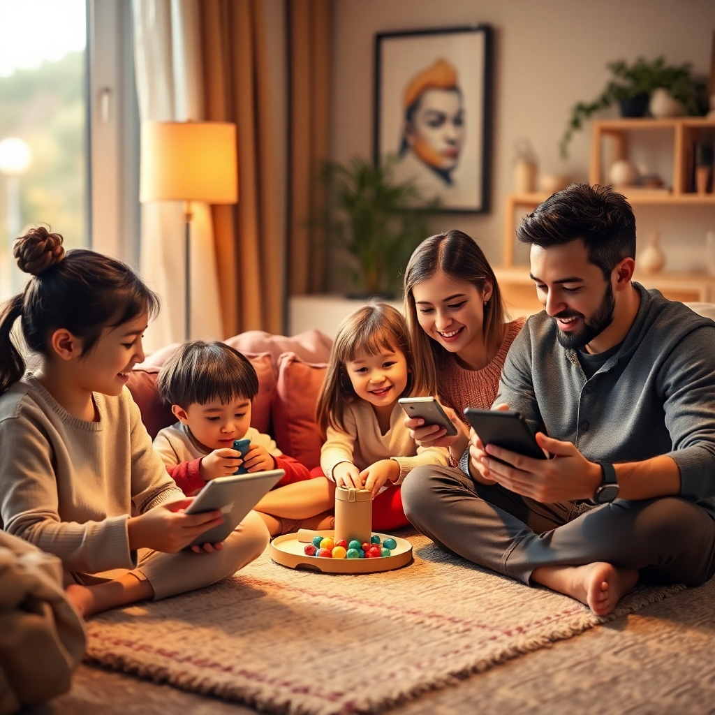 Photorealistic image: A family engaging in various activities, some using tech some not.  Warm colors, calm atmosphere, balanced use of tech. 4K resolution, emphasis on family time.
