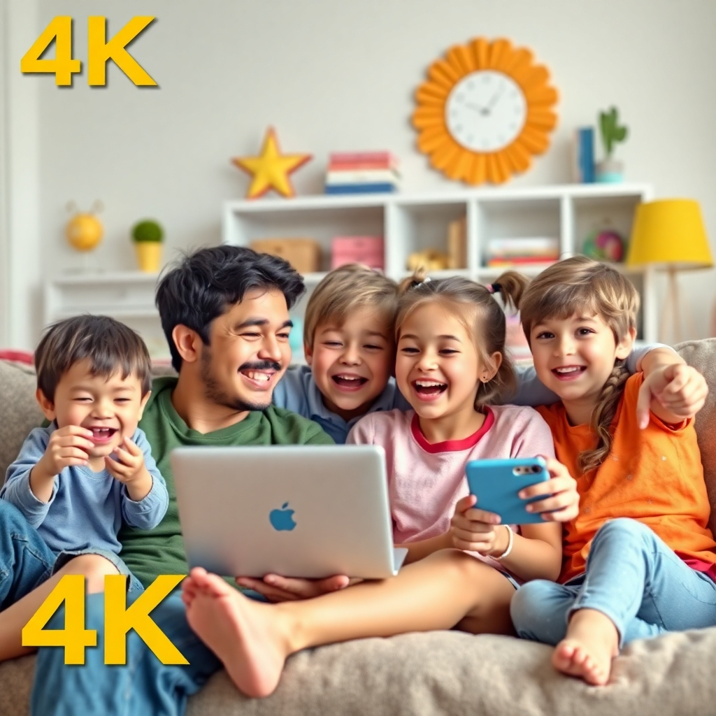 Photorealistic image: A family joyfully using various entertainment options, diverse activities, bright and fun colors. 4K resolution, emphasis on family fun and laughter.
