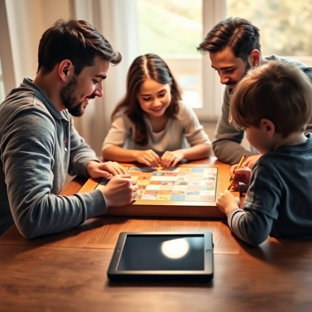 Photorealistic image: A family gathered around a table, playing a board game while a child draws.  A tablet lies unused nearby.  Warm natural lighting.  Focus on the family's connection.  4K resolution, soft and inviting color palette.