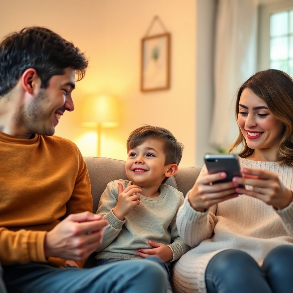Photorealistic image: A happy family using smart home features.  A child uses voice command to adjust lighting while playing games, parents control the thermostat and lights on a phone. Warm lighting, soft tones.  4K, cinematic style, focus on family interactions, high-quality textures of home furnishings and technology.