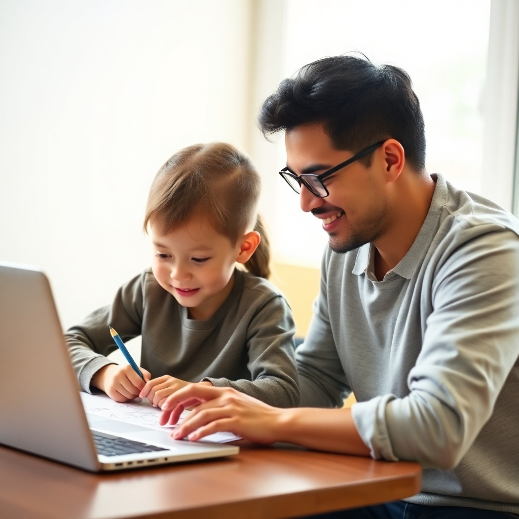 Photorealistic image: A parent and child engaging positively with technology, the child is drawing, the parent helps them learn coding on a laptop.  Bright natural light, airy atmosphere.  4K resolution, emphasis on the positive relationship between parent and child, warm color palette.