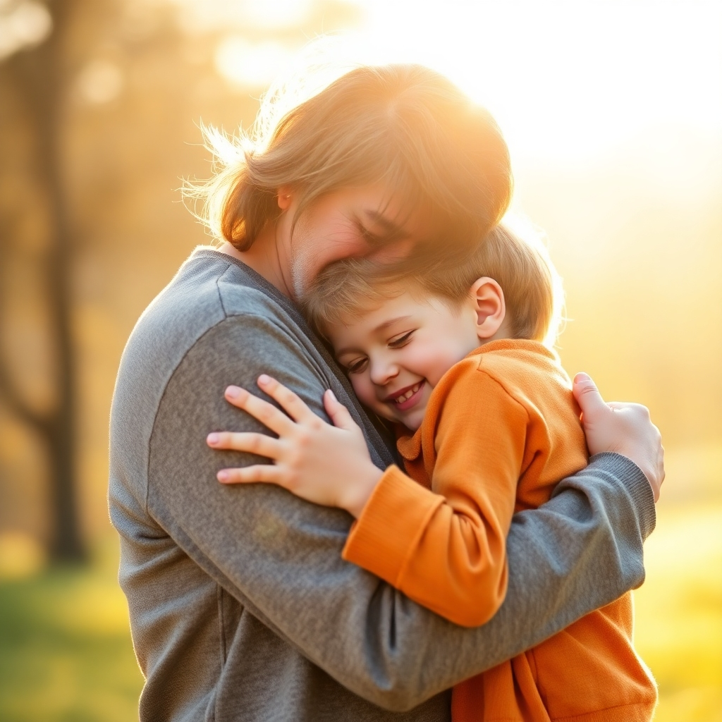 Photorealistic image: A parent and child embracing warmly, surrounded by soft sunlight, conveying emotional security and comfort. 4K resolution, warm color palette, natural lighting