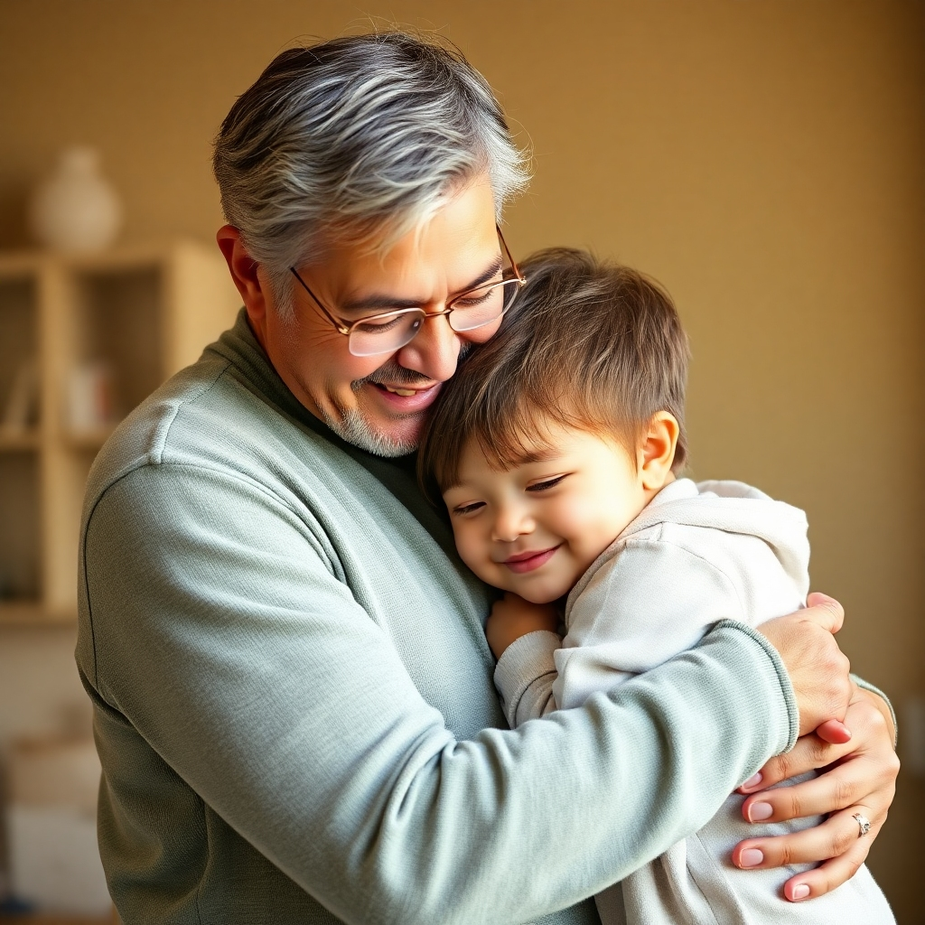 Photorealistic image: A parent and child in a loving embrace, the background is subtly blurred, with warm lighting. 4K resolution, emphasize warmth and tenderness. Focus on the positive parent-child bond.