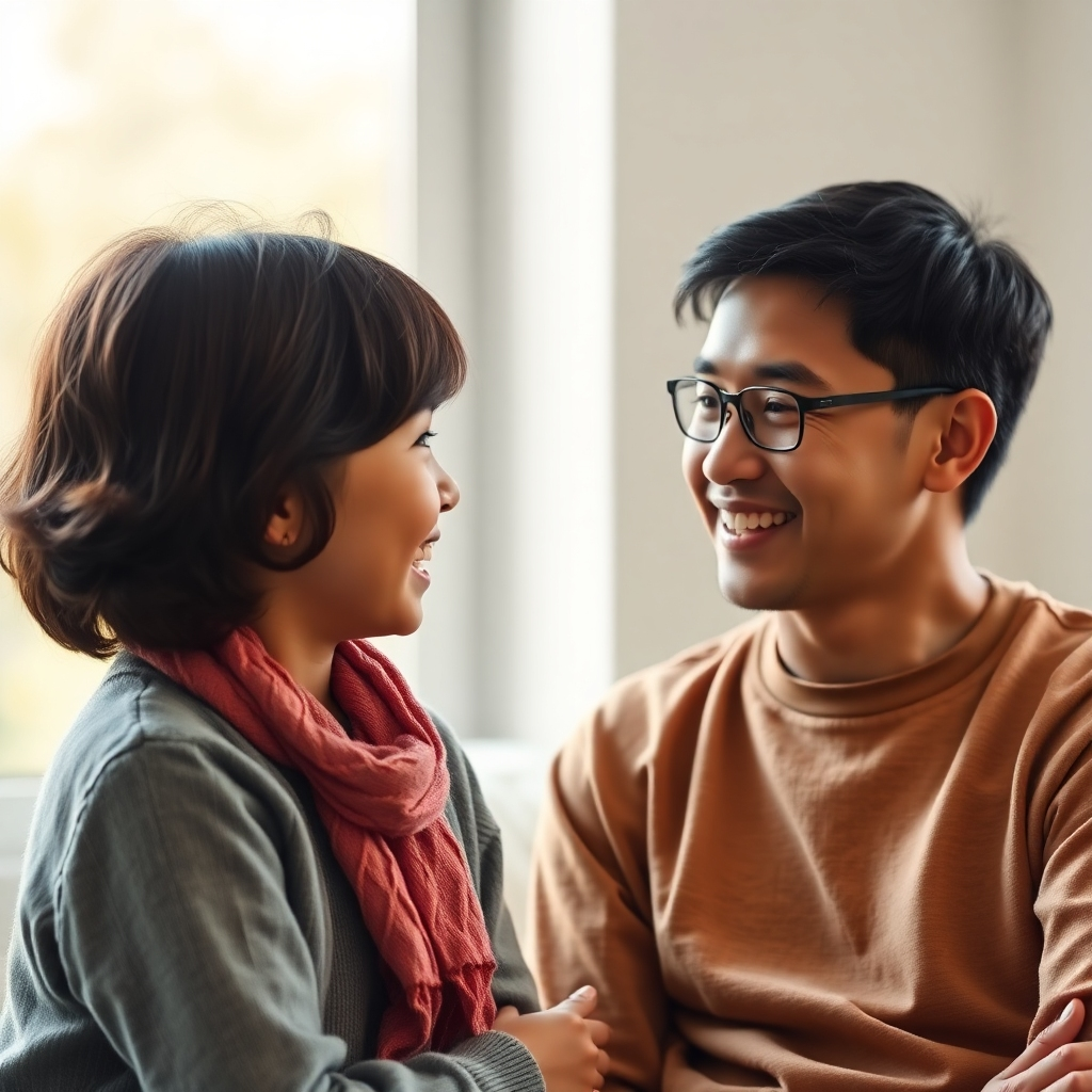 Photorealistic image: A parent and child having a positive conversation, conveying attentiveness and open communication. 4K resolution, natural lighting, warm colors