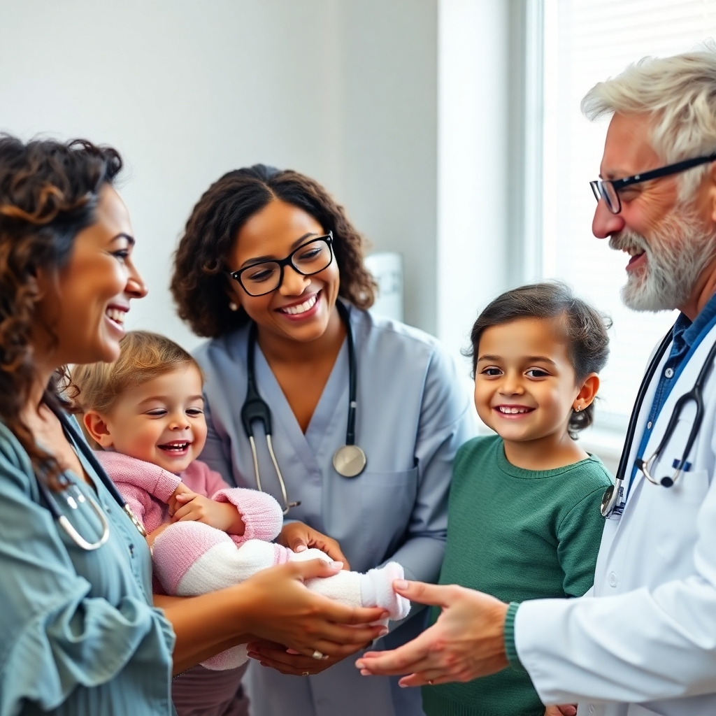 Photorealistic image: A team of experts smiling and interacting with parents; soft lighting, bright setting, conveying knowledge and compassion. 4K resolution, diverse team