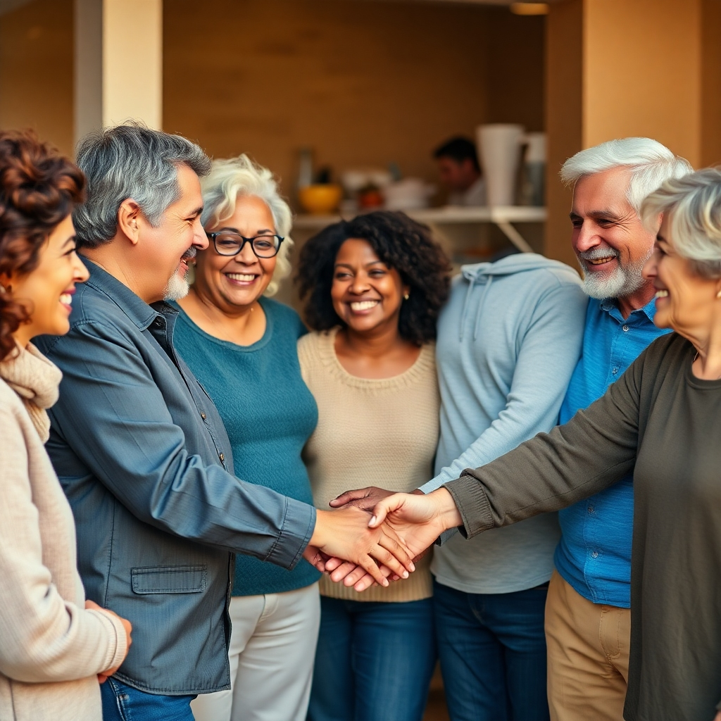 Photorealistic image: Diverse group of parents connecting positively; warm lighting, friendly atmosphere, conveying connection and community. 4K resolution, natural setting