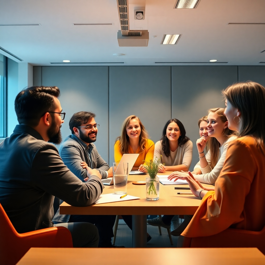 Photorealistic image of a group of people participating in a lively and interactive workshop. The setting is a modern and airy conference room with bright lighting. The color palette is vibrant and inspiring. The lighting is focused and dynamic. The overall style should be modern, elegant, and professional. Technical specs: 4K resolution, high quality