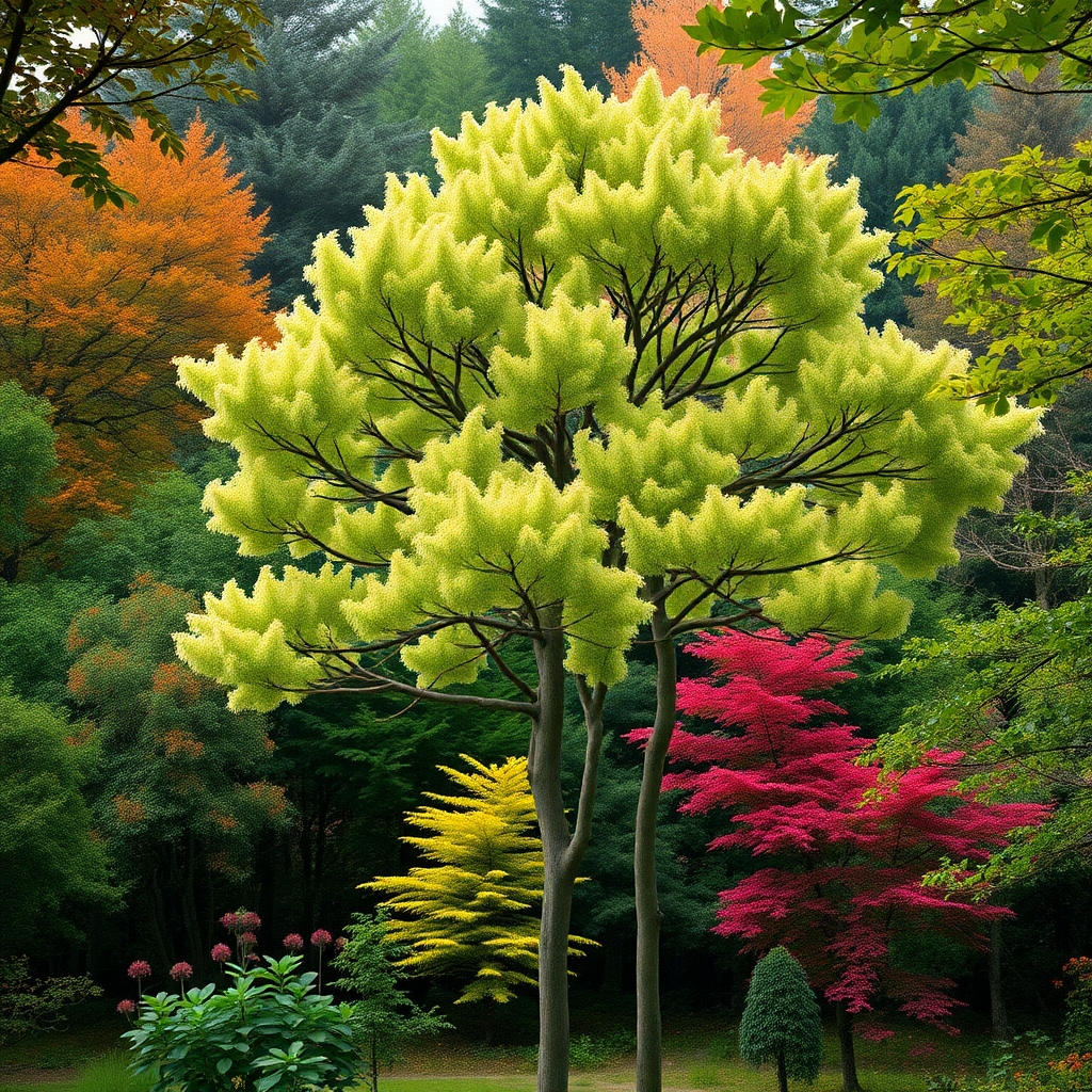 Photorealistic image of a healthy and thriving tree in a vibrant and dynamic forest. The setting is a lush forest with various trees. The color palette is vibrant and full of life. The camera angle is medium shot, creating a sense of intimacy. The environment is rich, abundant, and diverse. Style references: nature photography