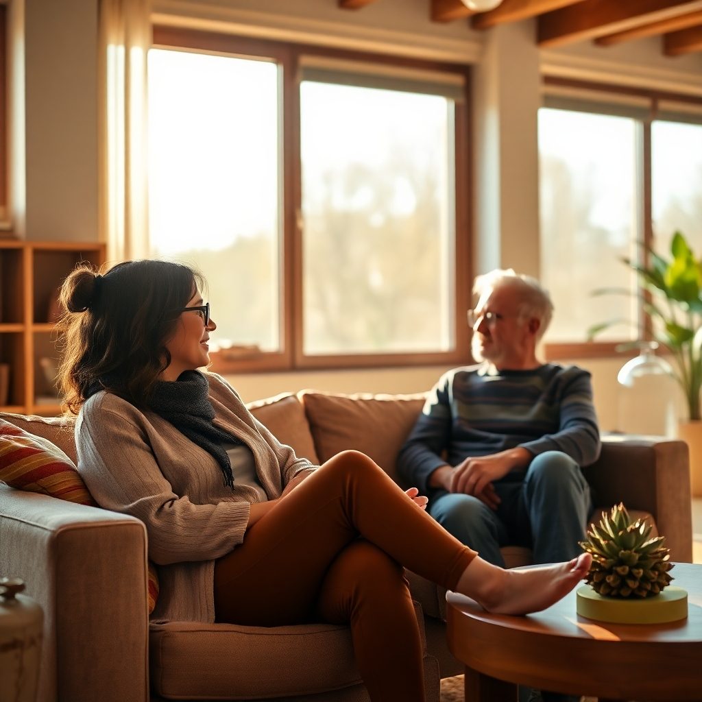 Photorealistic image of a life coach and a client sitting in a comfortable setting, deeply engaged in conversation. The setting should be warm and inviting, with plenty of natural light streaming in through large windows. The color palette is warm and inviting, with earth tones and pops of bright colors. The lighting is soft and natural, creating a sense of trust and intimacy. The textures should be rich and realistic. The overall style should be modern and elegant. Technical specs: 4K resolution, high quality