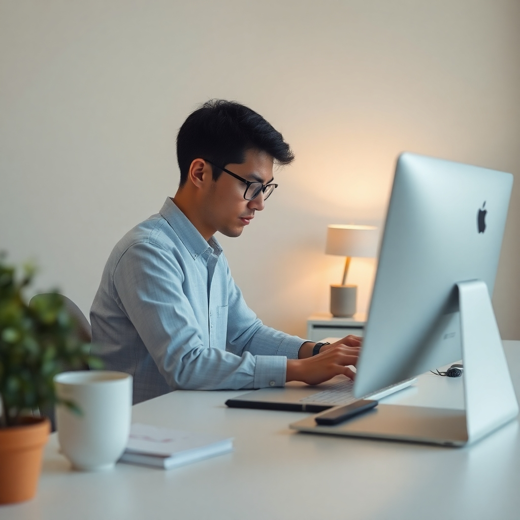 Photorealistic image of a person deeply engrossed in focused work at their desk, in a peaceful, quiet environment. The color palette is calm and serene, with subtle lighting that accentuates concentration. The camera angle is slightly elevated, highlighting the focused posture. The textures are soft and natural, with a clear visual representation of the work environment.  The environment is minimalistic and calm, designed to support concentration. Style references: minimalist photography