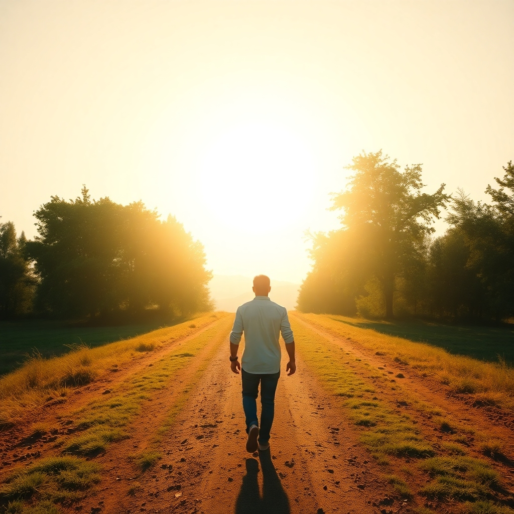 Photorealistic image of a person confidently walking forward toward a bright, sunlit horizon. The setting is a scenic outdoor location with trees and a vast sky. Color palette is bright, optimistic. Camera angle: back slightly angled. Lighting is soft and natural. Textures are rich, realistic. Environment is peaceful, positive. Style references: inspirational photography