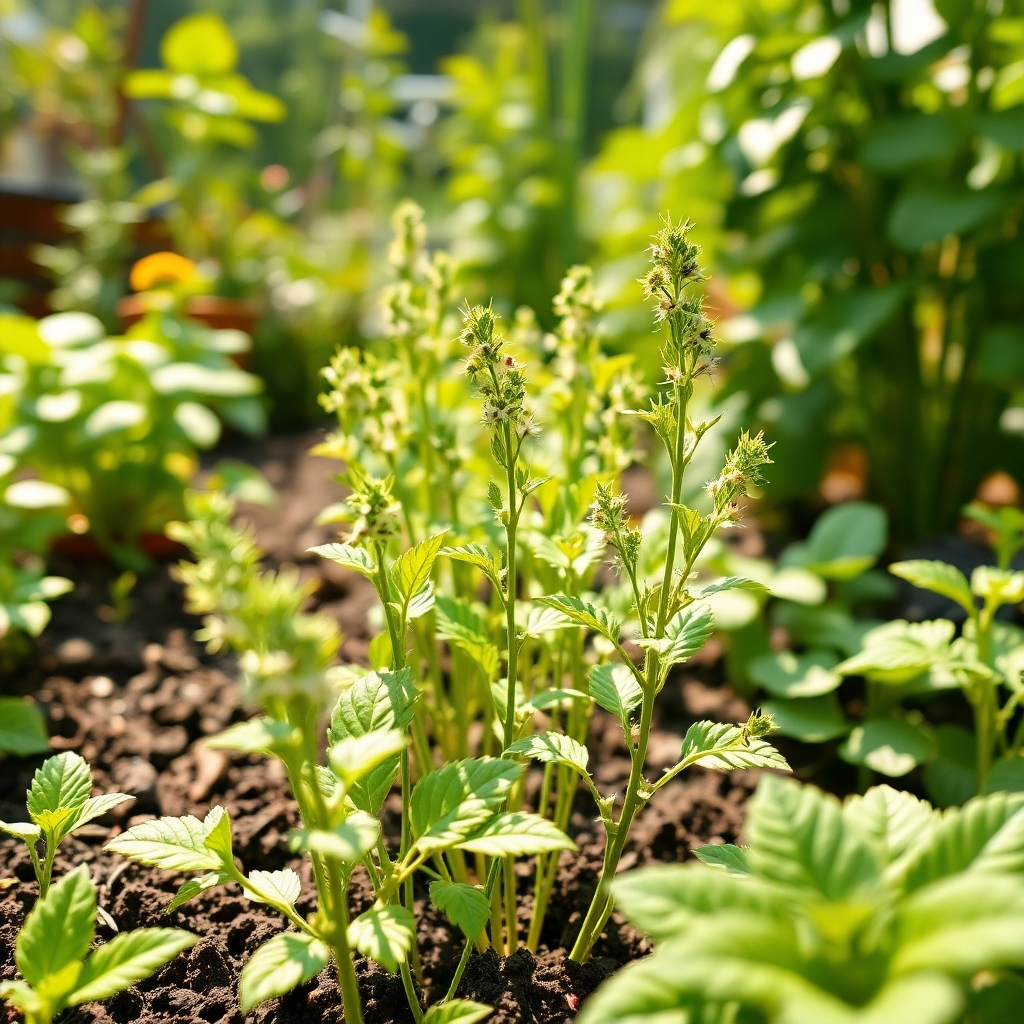 Photorealistic image of plants growing and thriving in a garden. The setting is an outdoor garden with various plants. Color palette is green and vibrant. Camera angle is close up. Lighting is warm and natural. Textures are realistic and detailed. Environment is peaceful, positive. Style references: nature photography