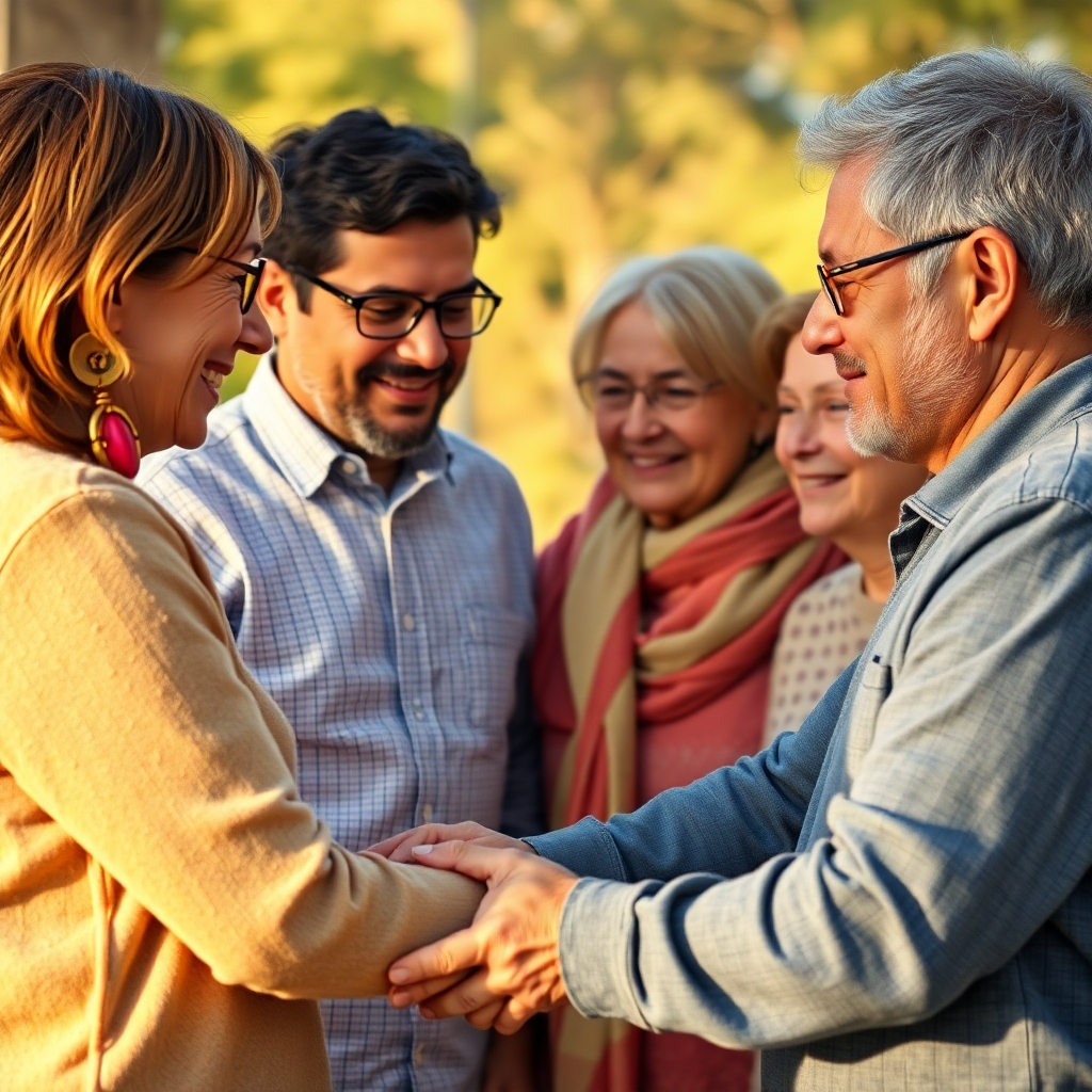 Photorealistic image: Parents interacting with support groups; warm lighting, conveying unity and support. 4K resolution, natural setting