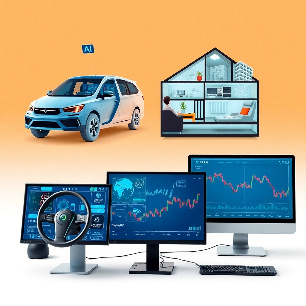 Produce a photorealistic image demonstrating various AI applications: self-driving car, smart home system, medical diagnosis software, and a financial trading algorithm displayed on screens. The scene should be visually engaging, showing the multifaceted nature of AI and its impact on our daily lives.
