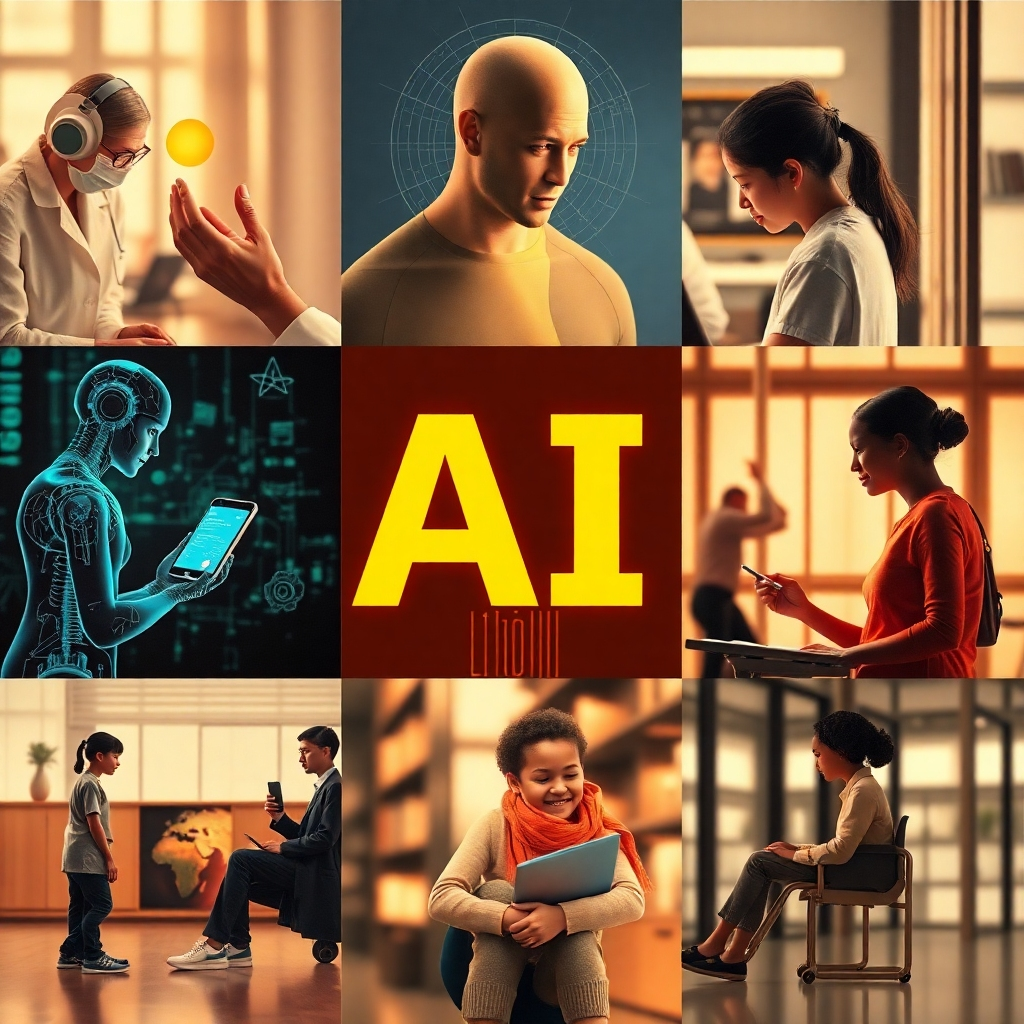 Show a photorealistic collage showcasing AI's positive impact on society, such as improved healthcare, personalized education, and enhanced accessibility for people with disabilities. Aim for a warm and optimistic tone.