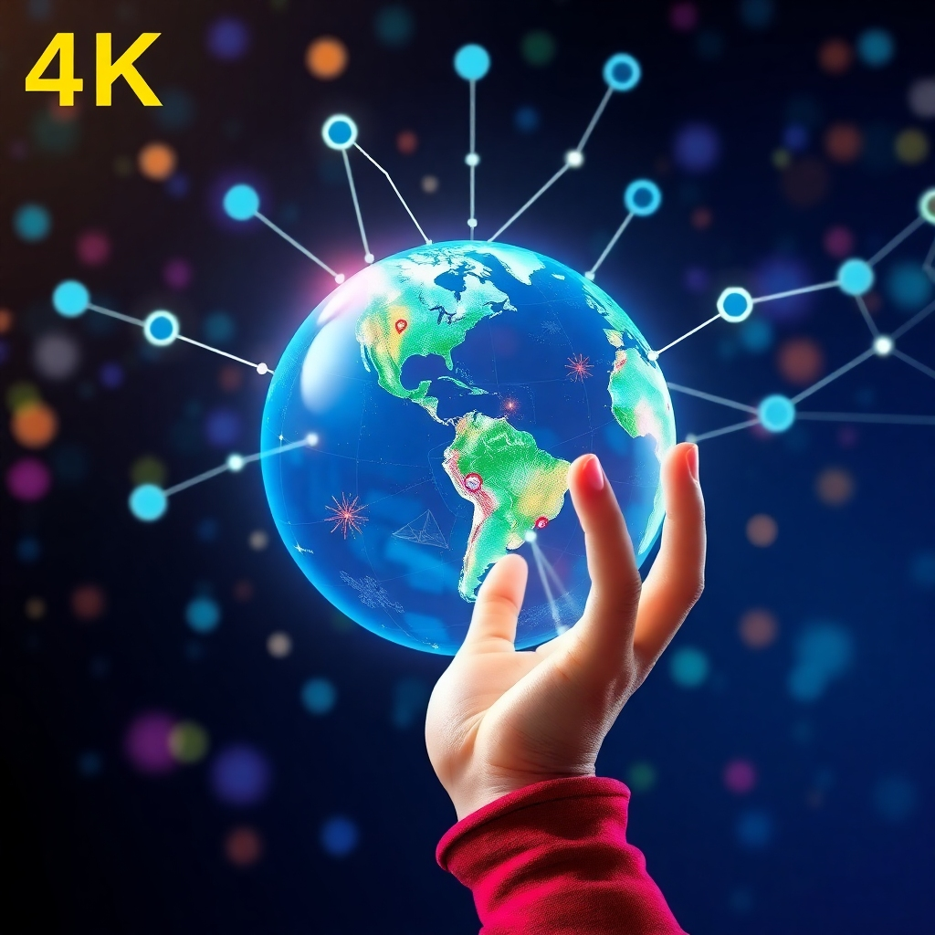 Stylized image: A child's hand holding a glowing globe, depicting the interconnected digital world.  Bright colors.  4K resolution, surreal and imaginative, conveying the expansive nature of the digital world.