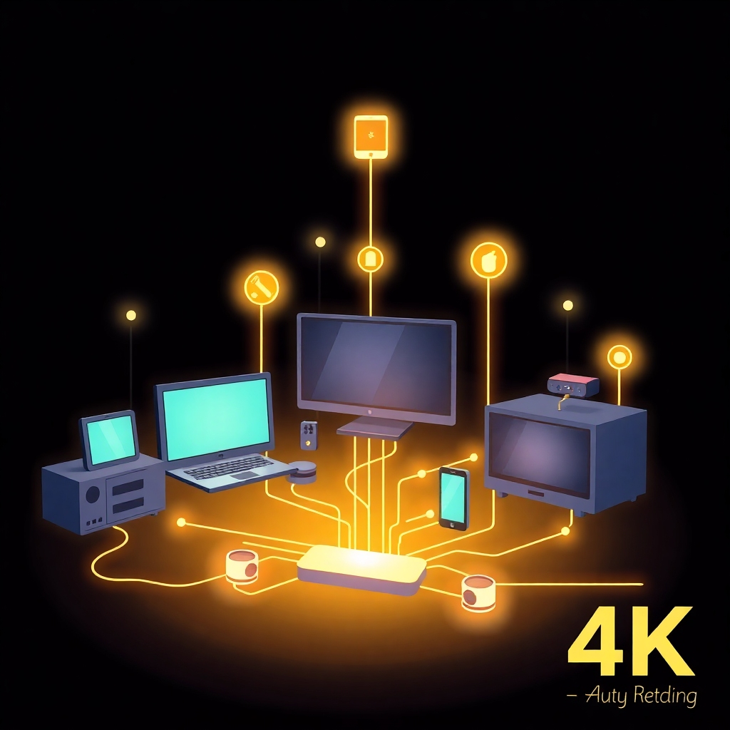 Stylized image: A glowing network of interconnected devices, symbolizing the integration of technology into the home. 4K resolution, clean and modern aesthetic.