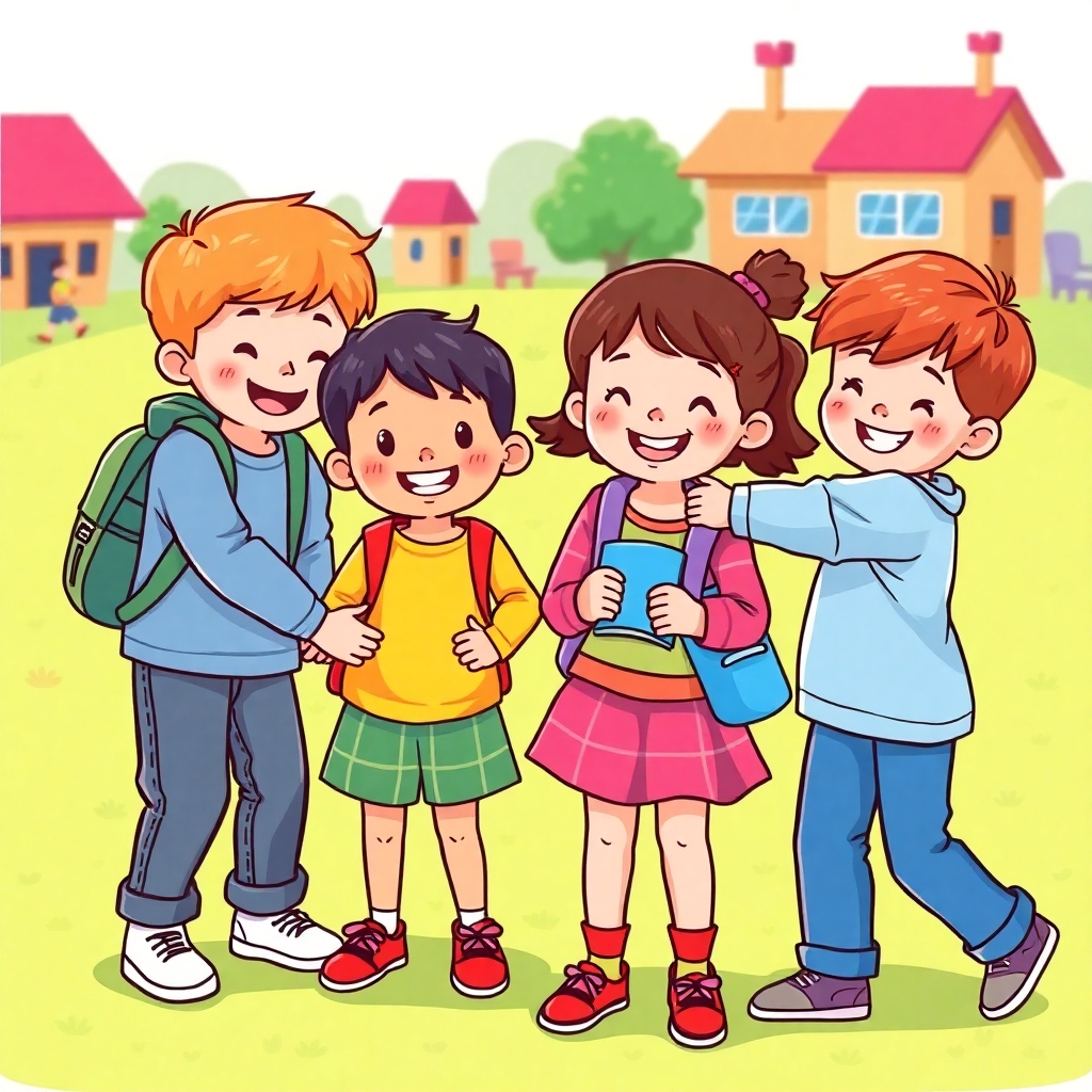 Stylized image: Colorful illustration showing children helping each other and participating in activities, 4K resolution, vibrant color palette, conveying positivity and resilience.