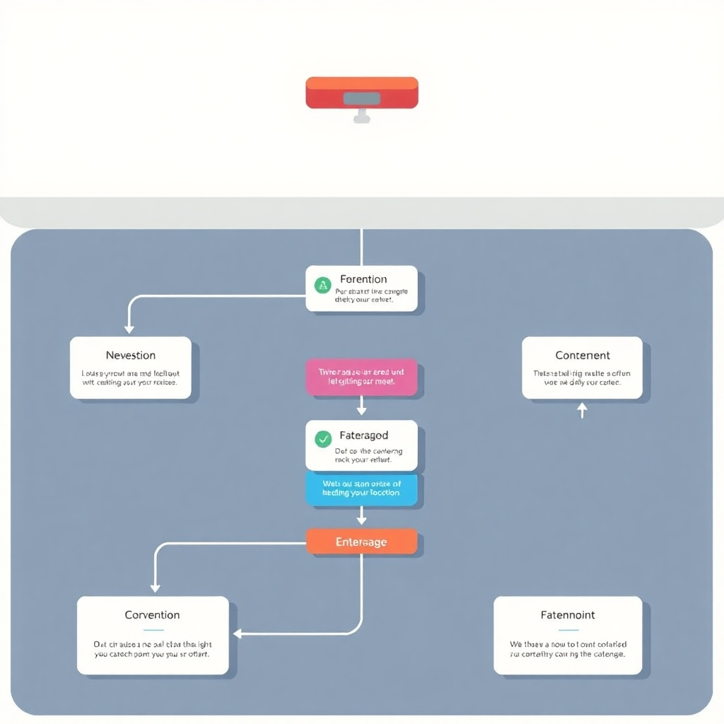 Stylized image of a flowchart representing steps and processes that lead to the final goal. The color palette is orderly and systematic. The camera angle is overhead, providing a comprehensive view. The environment is a clear, clean space. Style references: infographic design